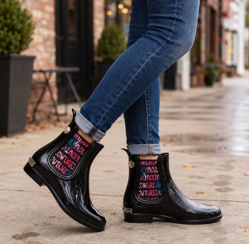 NEW JUICY COUTURE Romance Black Chelsea Rain Boots Women’s 10 Ankle Boot